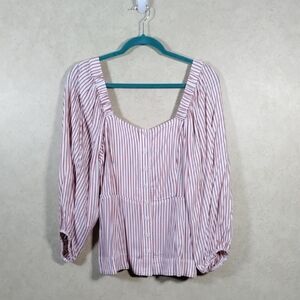12552 Cabi red, black & white stripe puff L/S sleeve blouse M